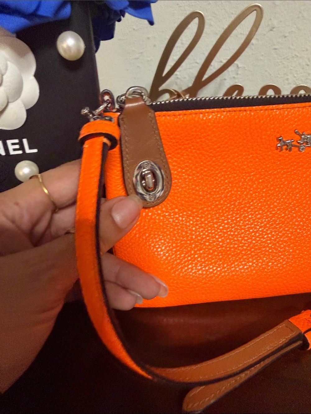 Coach Bright Orange Pebbled Leather Crossbody Wristlet - Picture 3 of 9